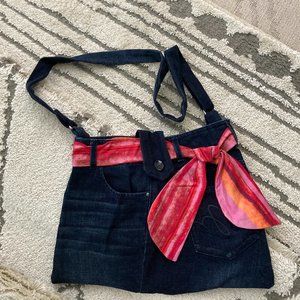 Blue Jean Denim Handbag with Scarf Trim